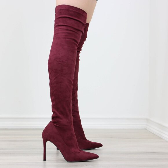 Burgundy Over-the-Knee Boots Pointed Toe Faux Suede Stiletto Heel - Picture 13 of 15